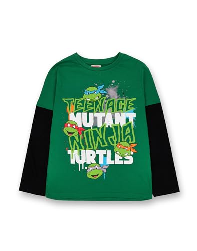 Teenage Mutant Ninja Turtles Jungen Skater T-Shirt | Grünes und schwarzes TMNT-T-Shirt für Kinder | Bequemes Langarmshirt mit kurzärmeligem Oberteil im Overlay-Stil | Kinderfilm Merchandise Geschenk von Teenage Mutant Ninja Turtles