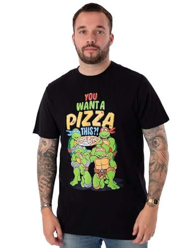 Teenage Mutant Ninja Turtles Willst du eine Pizza?! Schwarzes Herren Kurzarm T-Shirt | Retro Fashion T-Shirt | Nostalgische 90er Jahre Cartoon Kleidung | TMNT Geschenkartikel von Teenage Mutant Ninja Turtles