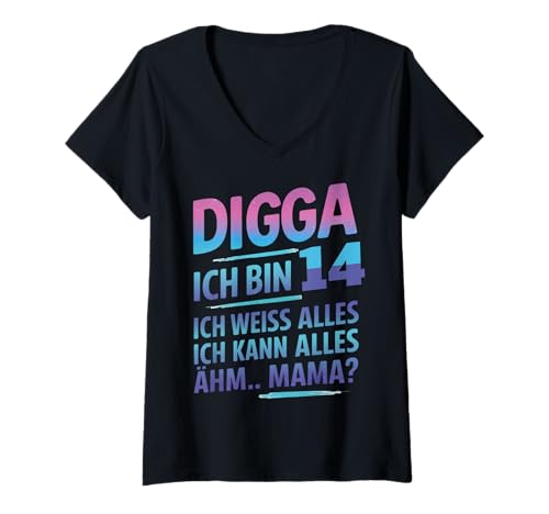 Damen Digga Ich Bin 14 Lustiger Geburtstag Spruch T-Shirt mit V-Ausschnitt Damen Digga Ich Bin 14 Lustiger Geburtstag Spruch T-Shirt mit V-Ausschnitt von Teenager Geburtstag Humor