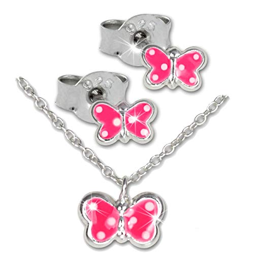 Teenie-Weenie Schmetterling Ohrstecker Kette pink Kinder Set 925 Silber SDS807 Silber Schmuckset von Teenie-Weenie