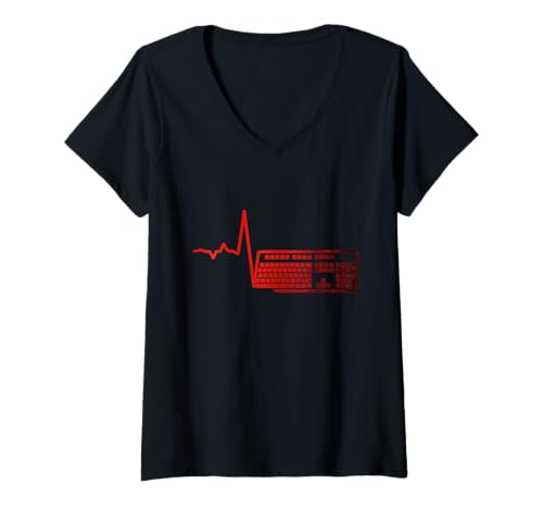 Damen Gamer Heartbeat Videospiel Tastatur PC Gaming T-Shirt mit V-Ausschnitt von Teens Graphic Streetwear