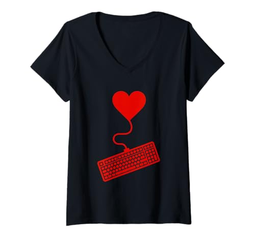 Damen Valentines Day Red Gaming Tastatur Herz Ballon PC Gamer T-Shirt mit V-Ausschnitt von Teens Graphic Streetwear