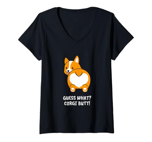 Damen Guess What? Corgi Butt! Lustiges Corgi-Hunde-Liebhaber-Scherzgeschenk T-Shirt mit V-Ausschnitt von Teeport Corgi Butt Apparel