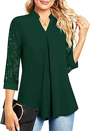 Teesho Damen Bluse 3/4 Arm Elegant Hemdbluse V-Ausschnitt Blusen A-Line Tunika Tops Baumwolle Shirts Lace Oberteile (Grün/M) von Teesho