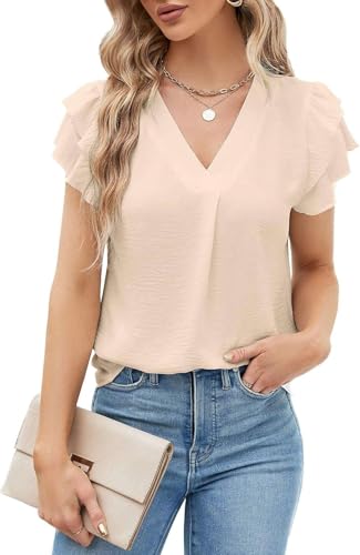 Teesho Damen Bluse Kurzarm Oberteile Sommer Shirts V-Ausschnitt Elegant Blusen Tunika Tops(Aprik/M) von Teesho