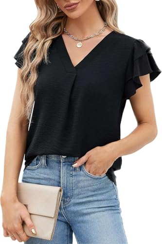 Teesho Damen Bluse Kurzarm Oberteile Sommer Shirts V-Ausschnitt Elegant Blusen Tunika Tops(Schwarz/M) von Teesho