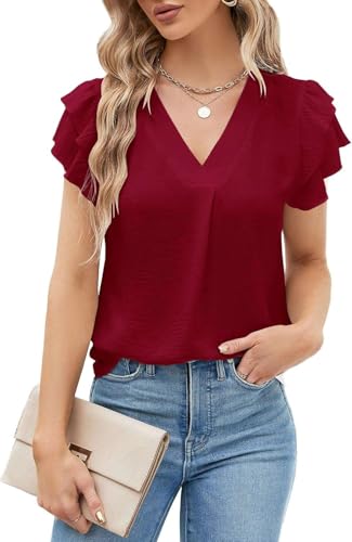 Teesho Damen Bluse Kurzarm Oberteile Sommer Shirts V-Ausschnitt Elegant Blusen Tunika Tops(weinrot/M) von Teesho