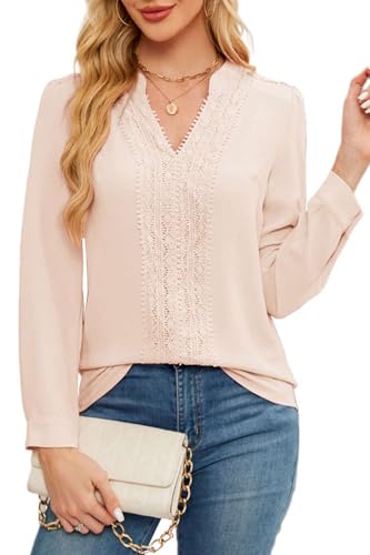 Teesho Damen Bluse Langarm Elegant Oberteile Spitzen Hemdbluse Chiffon Anti Falten Arbeit Shirts Tunika Hemd Tops(Aprik/L) von Teesho