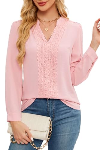 Teesho Damen Bluse Langarm Elegant Oberteile Spitzen Hemdbluse Chiffon Anti Falten Arbeit Shirts Tunika Hemd Tops(Rosa/XL) von Teesho