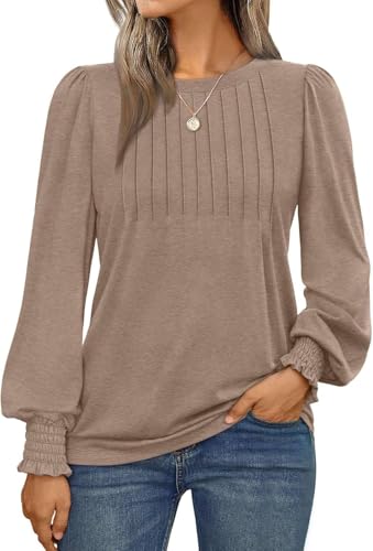 Teesho Damen Bluse Langarm Oberteile Herbst Shirts Elegant Blusen Tunika Bussiness Arbeit Tops(Braun/S) von Teesho