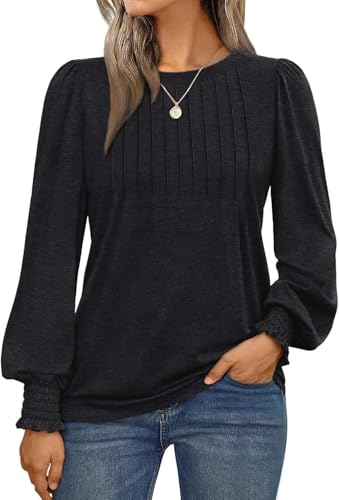 Teesho Damen Bluse Langarm Oberteile Herbst Shirts Elegant Blusen Tunika Bussiness Arbeit Tops(Schwarz/L) von Teesho