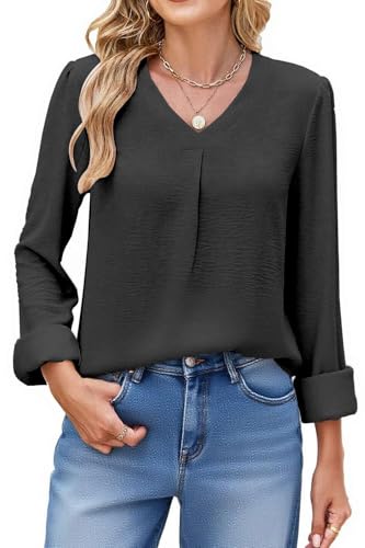 Teesho Damen Bluse Langarm aus Chiffon | Business Hemd mit V-Ausschnitt | Elegantes Oberteil für Büro & Abend | Leichte Tunika Bluse Damen(Schwarz/S) von Teesho