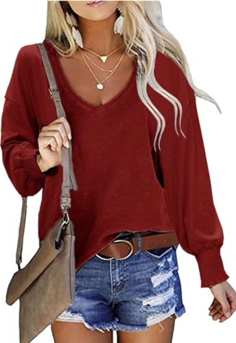 Teesho Damen Langarmshirt Baumwolle Casual Shirts Locker Tops V Ausschnitt Oberteile Oversize T-Shirt (Weinrot/L) von Teesho