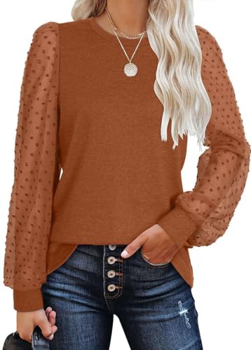 Teesho Damen Langarmshirt Elegant Oberteil Rundhals Transparente Puffhülle T-Shirts Casual Tops(Kaffee/XXL) von Teesho