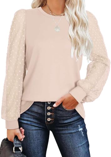 Teesho Damen Langarmshirt Elegant Oberteile Spitze Ärmel Blusen Herbst Shirts Basic Tops Tunika(Beige/M) von Teesho