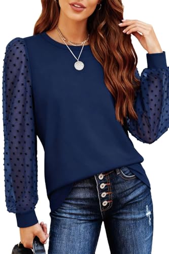 Teesho Damen Langarmshirt Elegant Oberteile Spitze Ärmel Blusen Herbst Shirts Basic Tops Tunika(Navy/M) von Teesho