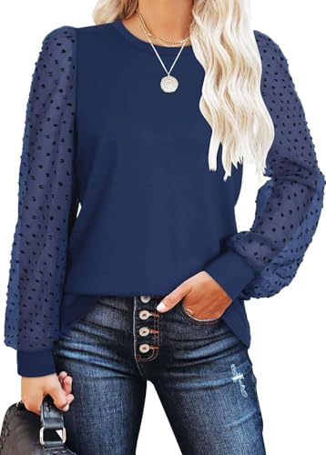 Teesho Damen Langarmshirt Elegant Oberteile Spitze Ärmel Blusen Herbst Shirts Basic Tops Tunika(Navy/XXL) von Teesho