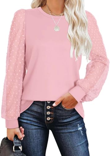 Teesho Damen Langarmshirt Elegant Oberteile Spitze Ärmel Blusen Herbst Shirts Basic Tops Tunika(rosa/L) von Teesho