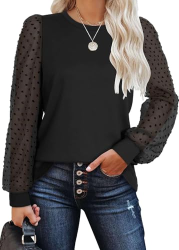 Teesho Damen Langarmshirt Elegant Oberteile Spitze Ärmel Blusen Herbst Shirts Basic Tops Tunika(schwarz/L) von Teesho