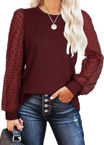 Teesho Damen Langarmshirt Elegant Oberteile Spitze Ärmel Blusen Herbst Shirts Basic Tops Tunika(weinrot/XL) von Teesho