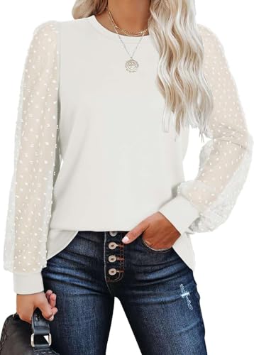 Teesho Damen Langarmshirt Elegant Oberteile Spitze Ärmel Blusen Herbst Shirts Basic Tops Tunika(weiß/M) von Teesho