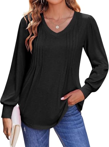 Teesho Damen Langarmshirt Longshirt Elegant V-Ausschnitt Blusen Baumwolle Oberteile Herbst Shirts Lose Lang Tops Tunika(schwarz/XXL) von Teesho