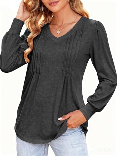 Teesho Damen Langarmshirt Longshirt Elegant V-Ausschnitt Blusen Baumwolle Oberteile Herbst Shirts Lose Lang Tops Tunika(schwarz/XXL) von Teesho
