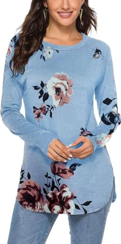 Teesho Damen Longshirt Langarm Elegant Oberteile Löwenzahn Baumwolle Shirt Casual Tops Tunika (Blume/M) von Teesho