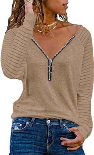 Teesho Damen Oberteile Elegant Tshirt Langarmshirt V Ausschnitt Casual Streifen Mesh Bluse Baumwolle Shirt Tops Tunika (Braun/L) von Teesho