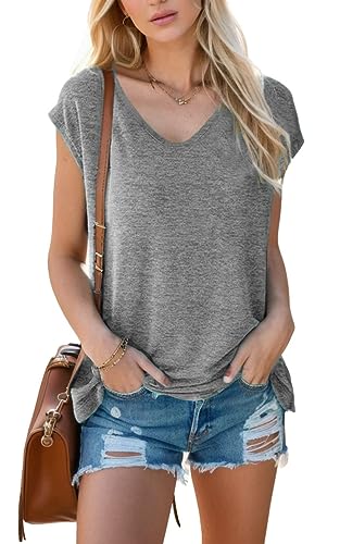 Teesho Damen T-Shirt Baumwolle Elegant Oberteile Kurzarm Crop Tops Casual Shirts Tunika Sommer Tank Tops Sporttop grau XXL von Teesho