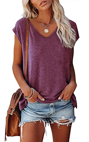 Teesho Damen T-Shirt Baumwolle Elegant Oberteile Kurzarm Crop Tops Casual Shirts Tunika Sommer Tank Tops Sporttop Weinrot XL von Teesho