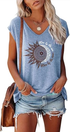 Teesho Damen T-Shirt Sommer Elegant Oberteile Kurzarm Crop Tops Oversize Shirts Tunika Sommer Tank Tops Sporttop (HellBlau/L) von Teesho