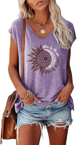 Teesho Damen T-Shirt Sommer Elegant Oberteile Kurzarm Crop Tops Oversize Shirts Tunika Sommer Tank Tops Sporttop (HellLila/L) von Teesho