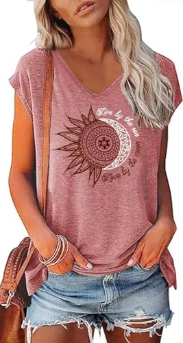 Teesho Damen T-Shirt Sommer Elegant Oberteile Kurzarm Crop Tops Oversize Shirts Tunika Sommer Tank Tops Sporttop (Rosa/M) von Teesho