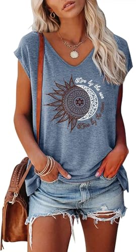 Teesho Damen T-Shirt Sommer Elegant Oberteile Kurzarm Crop Tops Oversize Shirts Tunika Sommer Tank Tops Sporttop (blaugrau/S) von Teesho