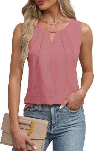 Teesho Damen Tank Top Sommer Bluse Ärmellos Vorne Falten Hemdbluse Chiffon Tops(Rosa/XL) von Teesho