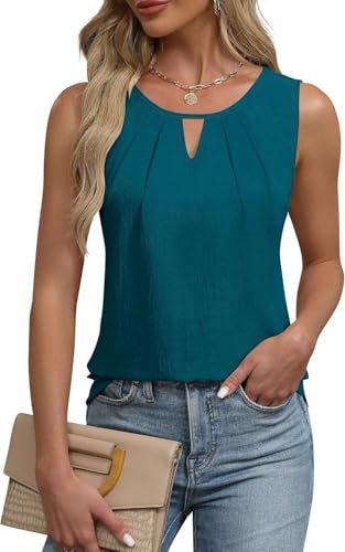 Teesho Damen Tank Top Sommer Bluse Ärmellos Vorne Falten Hemdbluse Chiffon Tops(grünBlau/XL) von Teesho