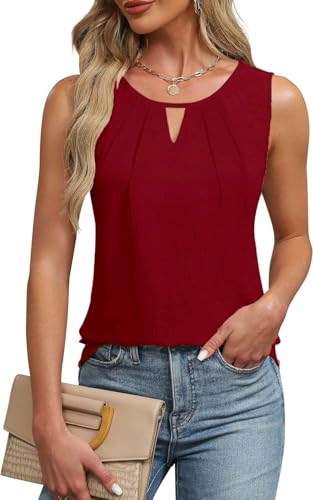 Teesho Damen Tank Top Sommer Bluse Ärmellos Vorne Falten Hemdbluse Chiffon Tops(weinrot/L) von Teesho