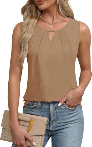 Teesho Damen Tank Top Sommer Bluse Ärmellos Vorne Falten Hemdbluse Chiffon Tops (braun/M) von Teesho