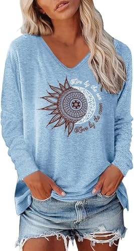 Teesho Damen Tshirt Langarm V Ausschnitt Oberteile Basic Shirts Casual Longshirt Drucken Pullover Herbst Tops Tunika（HellBlau/M von Teesho