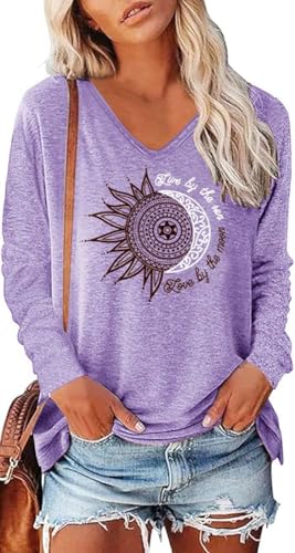 Teesho Damen Tshirt Langarm V Ausschnitt Oberteile Basic Shirts Casual Longshirt Drucken Pullover Herbst Tops Tunika（HellLila/L von Teesho