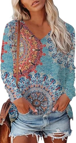 Teesho Damen Tshirt Langarm V Ausschnitt Oberteile Basic Shirts Casual Longshirt Drucken Pullover Herbst Tops Tunika（Sonnenblume/XXL von Teesho