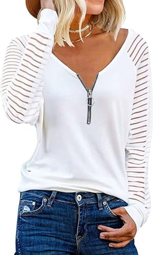 Teesho Damen Tshirt V Ausschnitt Langarmshirt Casual Oberteile Elegant Streibai Mesh Bluse Baumwolle Shirt Tops Tunika (weiß/L) von Teesho