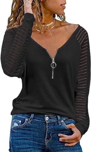 Teesho Damen Tshirt V Ausschnitt Langarmshirt Casual Oberteile Elegant Streifen Mesh Bluse Baumwolle Shirt Tops Tunika (Schwarz/M) von Teesho