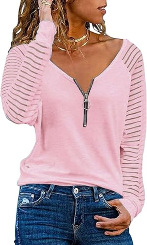 Teesho Damen Tshirt V Ausschnitt Langarmshirt Casual Oberteile Elegant Streifen Mesh Bluse Baumwolle Shirt Tops Tunika (rosa/M) von Teesho