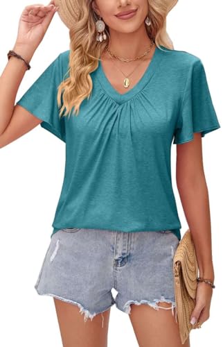 Teesho Damen Tshirt V-Ausschnitt Baumwolle Elegant Oberteile Kurzarm Top Sommer Casual Shirts (seeblau/XL) von Teesho