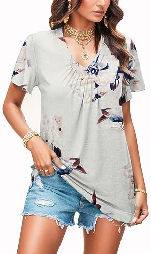 Teesho Damen Tunika V-Ausschnitt Baumwolle Elegant Oberteile Kurzarm Tshirt Sommer Casual Shirts (Orchidee/L) von Teesho