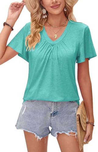 Teesho Damen Tshirt V-Ausschnitt Baumwolle Elegant Oberteile Kurzarm Top Sommer Casual Shirts (Seegrün/M) von Teesho