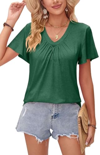 Teesho Damen Tshirt V-Ausschnitt Baumwolle Elegant Oberteile Kurzarm Top Sommer Casual Shirts (dunkelgrün/S) von Teesho