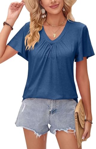 Teesho Damen Tshirt V-Ausschnitt Baumwolle Elegant Oberteile Kurzarm Top Sommer Casual Shirts (Navyblau/L) von Teesho